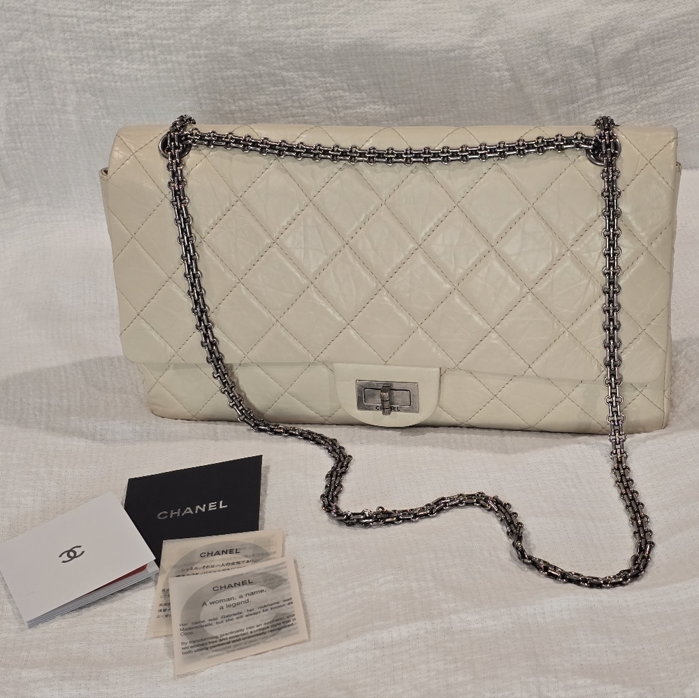 Chanel Classic Reissue Double Flap Bag 2.55 Cream Calfskin Leather Maxi Jumbo